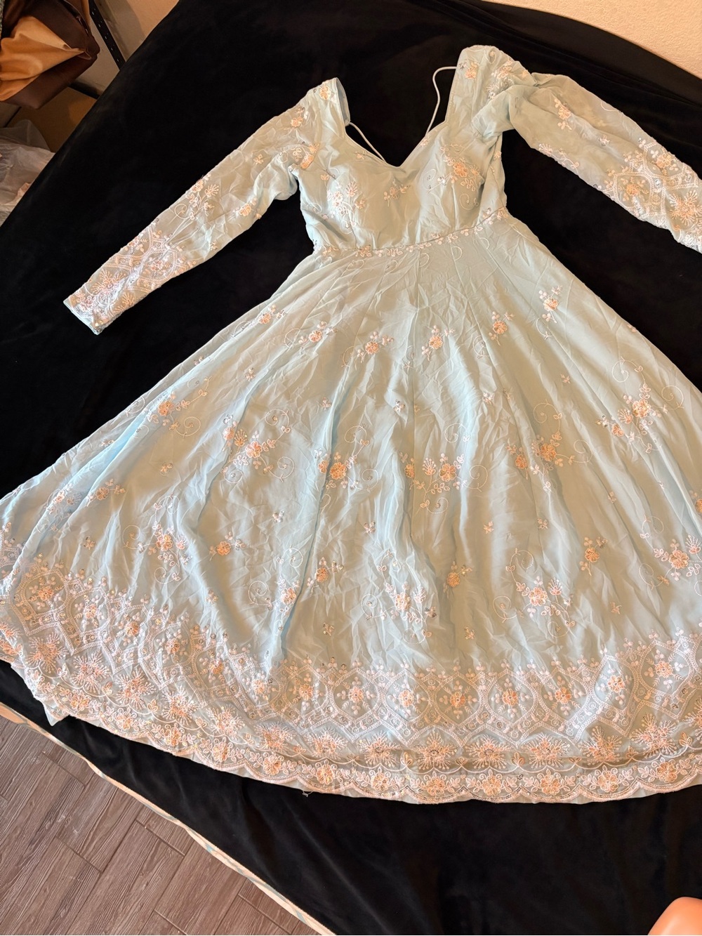 Elegant Light Blue Embroidered Long Sleeve Dress